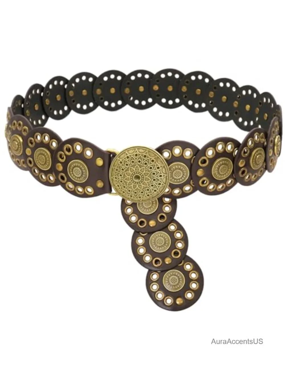 Wide PU Leather Western Belt, Disc Concho Retro Gold Buckle for Dresses